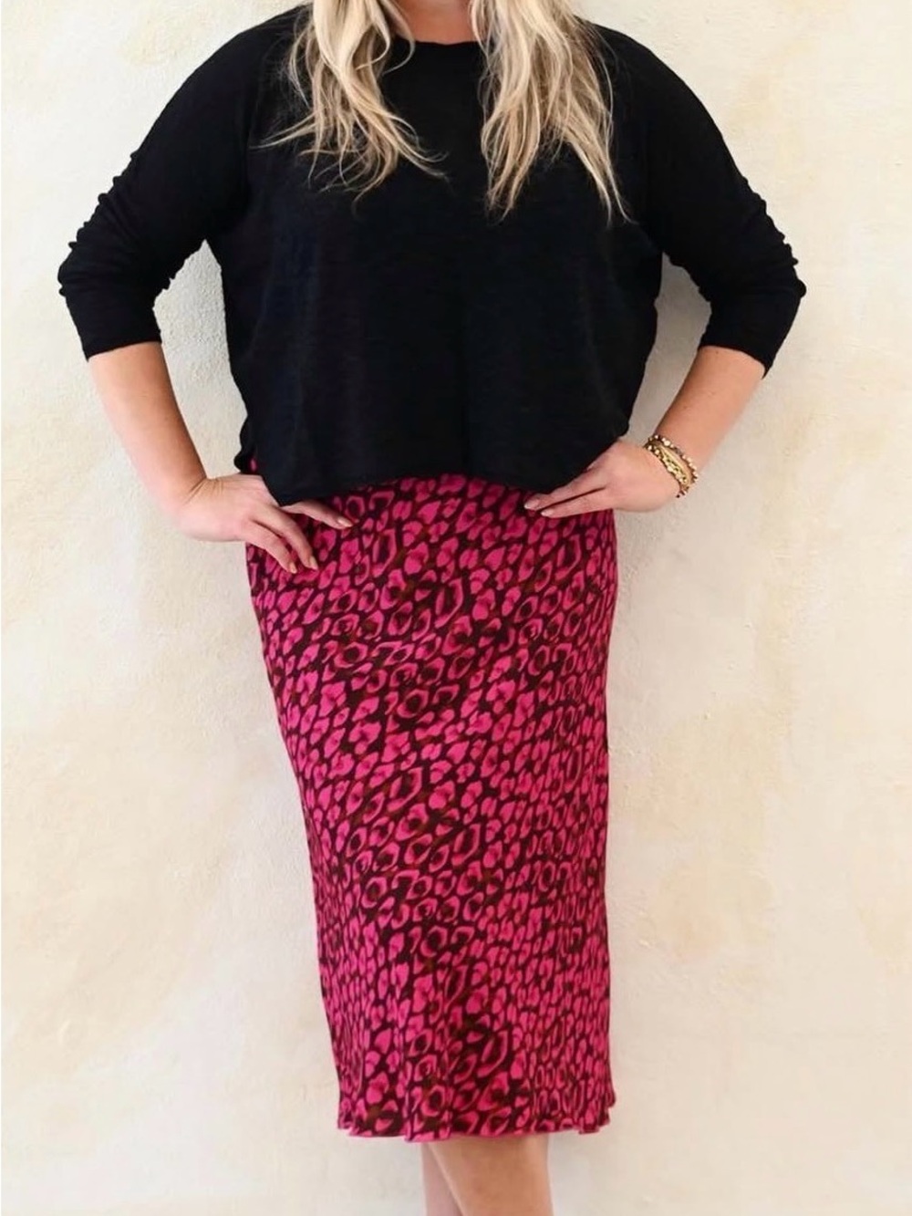 Fifteen Twenty Pink Leopard Animal Print Midi Skirt Size L